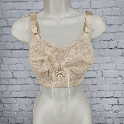 VTG May Marie Beige Floral Lace Lace-Up Front Longline Unlined Bra 30DDD+