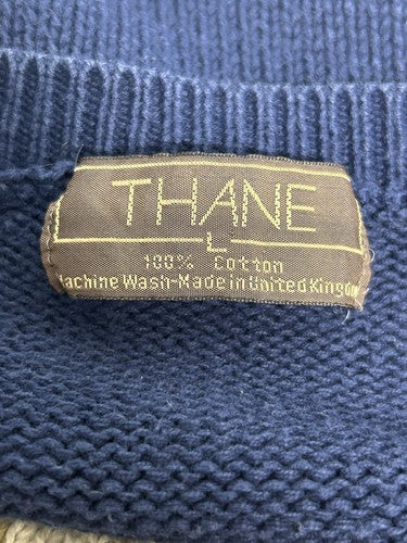 VTG Thane 100% Cotton Pullover Crew Neck Blue Red Brown White Argyle Sweater L