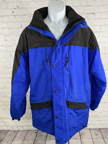 Polar Edge Black Blue Full Zip Peek A Boo Hood Snap Up Jacket Coat XL