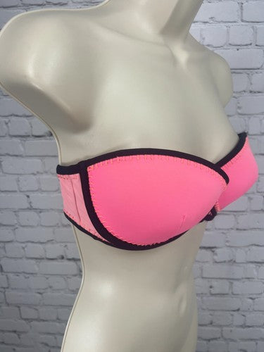 Victoria's Secret Pink Black Whipstitch Padded Strapless Bandeau Bikini Top 34D
