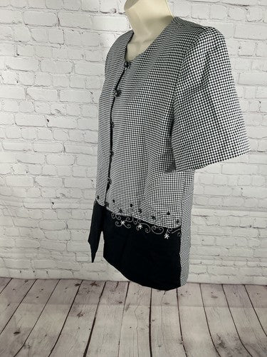 VTG Willow Ridge Black White Check Button Up Embroidered Shoulder Pad Blouse 12