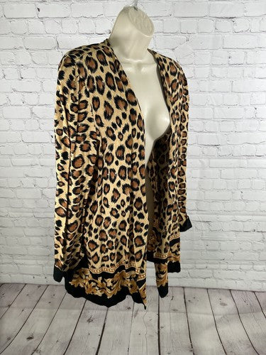 VTG Periwinkle Cheetah Print Shoulder Pad Open Front Long Sleeve Cardigan USA 18