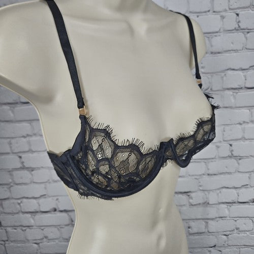 Bluebella Black Eyelash Lace Strappy Back Balconette Underwire Bra 34B