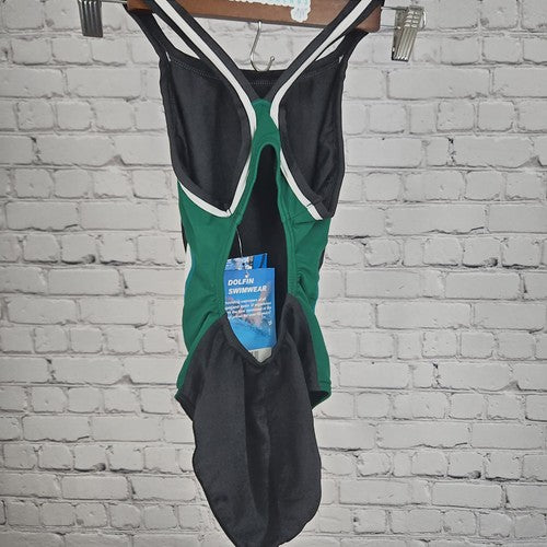 NWT Dolfin Black Forest Green Cross Back One Piece Racing Swimsuit Size 28
