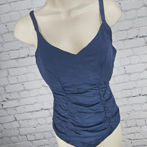 Seafolly Navy Ruched V Neck Strappy Back One Piece Swimsuit Bathing Suit 12DD