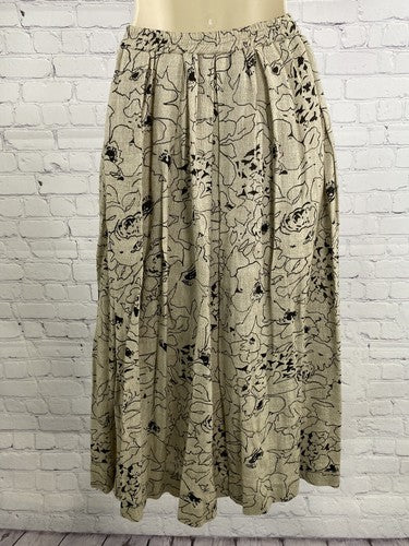 V Max Arthur Max Beige Black Pleated Elastic Waist Floral Midi Pull On Skirt P