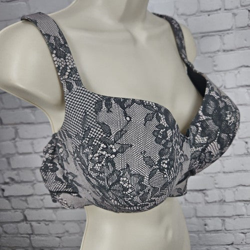Cacique Black Blush Lace Print Lightly Lined Underwire Balconette Bra 42DD