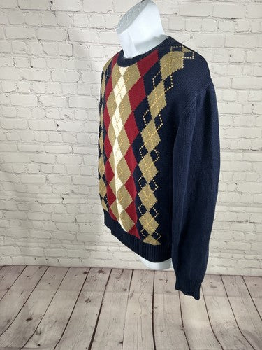 VTG Thane 100% Cotton Pullover Crew Neck Blue Red Brown White Argyle Sweater L