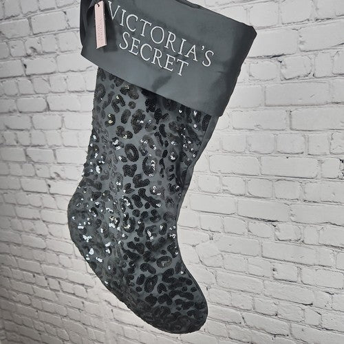 NWT Victoria's Secret Black Sequin Leopard Print Satin Christmas Stocking 18"