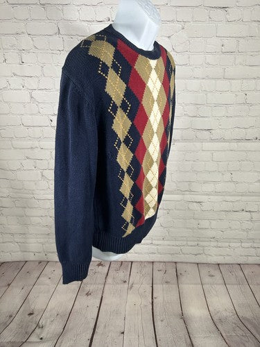 VTG Thane 100% Cotton Pullover Crew Neck Blue Red Brown White Argyle Sweater L