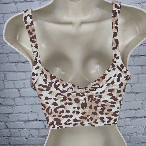 Aerie Cream Brown Leopard Print Scoop Neck Lined Bikini Swim Top Size L