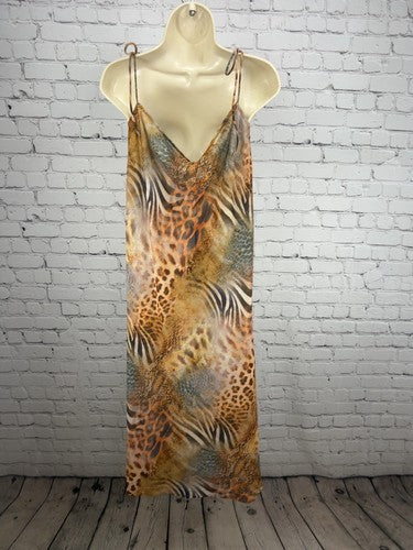 NWT White Fox Safari Chaos Animal Print Tie Straps Side Slit Midi Dress M