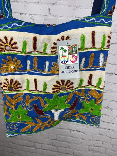 NWD India Boutique Blue Floral Mirror Embroidered Boho Crossbody Shoulder Bag