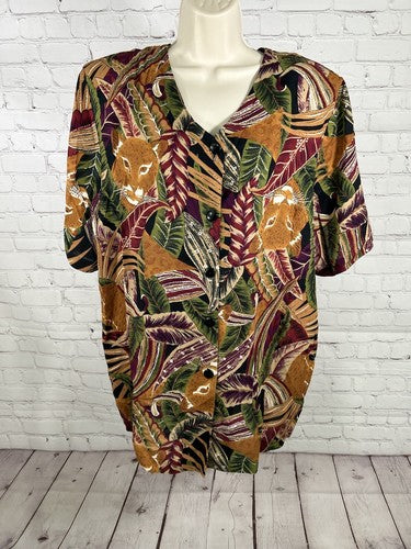VTG A Personal Touch Colorful Shoulder Pad Button Up Jungle Themed Blouse 22W