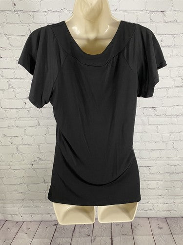 Carrie Allen Black Chunky Beaded Neckline Pleated Short Sleeve Blouse Womens L