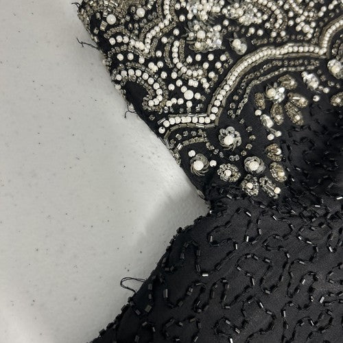 Fashion By Anil 100% Silk Black White Silver Beaded Sequined Blouse L