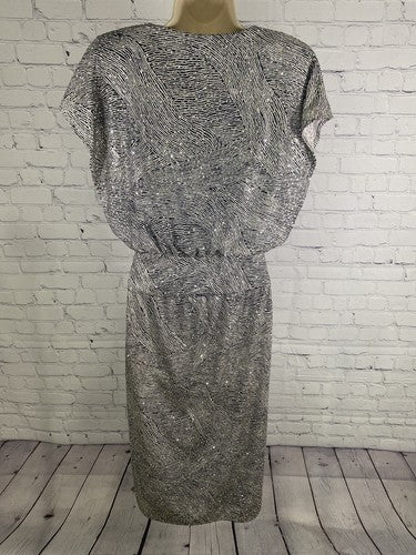 VTG Patra Black White Zebra Print Glittery Shoulder Pad Midi Length Dress 4