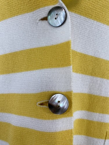 Optimum NZ White Yellow Striped 3/4 Sleeve Cape Collared 3 Button Knit Sweater S