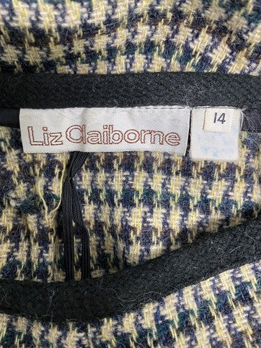 VTG Liz Claiborne Tan Houndstooth Side Zip Midi Length Straight Pencil Skirt 14
