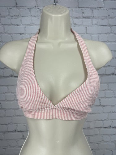 J Crew Pink White Striped Seersucker Halter Bikini Swim Top Size M