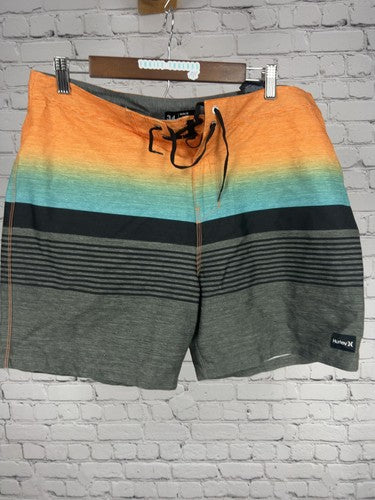 Hurley Orange Teal Gray Ombre Striped Lace Up Board Shorts Men's 34 (34X6.5)