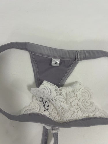 NWT Roma Confidential Silver White Lace Satin Bustier Garter Thong Set M