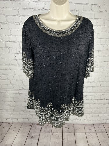 Fashion By Anil 100% Silk Black White Silver Beaded Sequined Blouse L