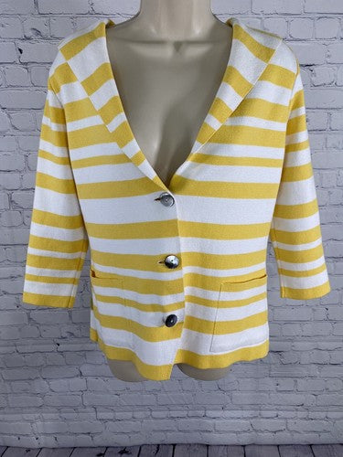 Optimum NZ White Yellow Striped 3/4 Sleeve Cape Collared 3 Button Knit Sweater S