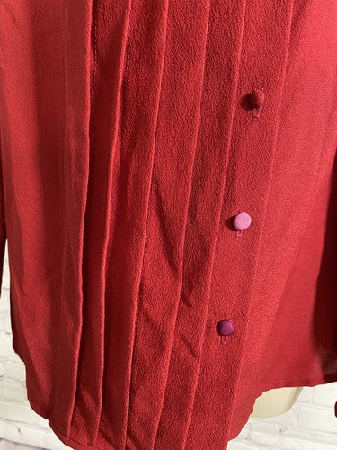 VTG Lorch Red Button Up Pleated High Neck Ruffle Long Sleeve Blouse Top USA 12