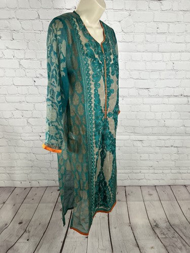 Sana Safinaz Brown Orange Blue Semi Sheer Long Sleeve Women’s Kurti Size XS