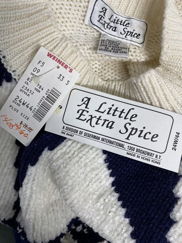 NWD VTG A Little Extra Spice White Blue High Neck Long Knit Sweater Size 24W/44