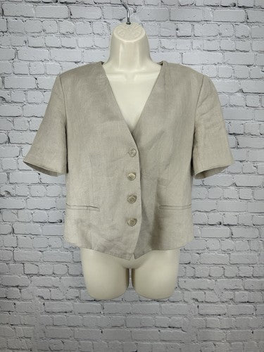 Zara Beige Tan 100% Linen Button Up Short Sleeve Shirt Vest Women’s Size Large L