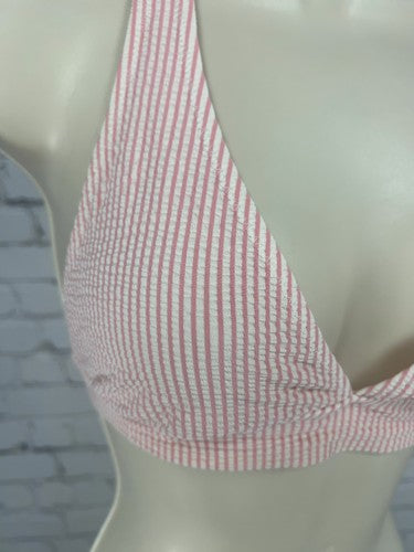 J Crew Pink White Striped Seersucker Halter Bikini Swim Top Size M