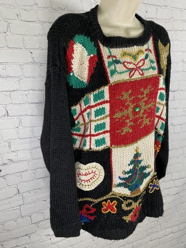 Cabin Creek Chunky Knit Christmas Tree Shoulder Pad Jingle Bell Beaded Sweater L