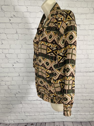 VTG Fuda International Colorful Aztec Print Full Zip 100% Silk Bomber Jacket M