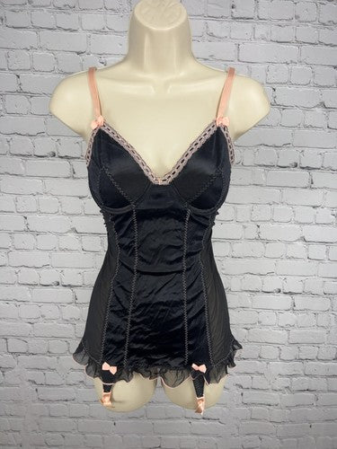 VTG Victoria's Secret Black Pink Satin Mesh Garter Babydoll Chemise Slip 36C