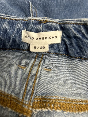Good American Medium Wash Distressed Straight Leg Denim Blue Jeans 8/29 (29x31)