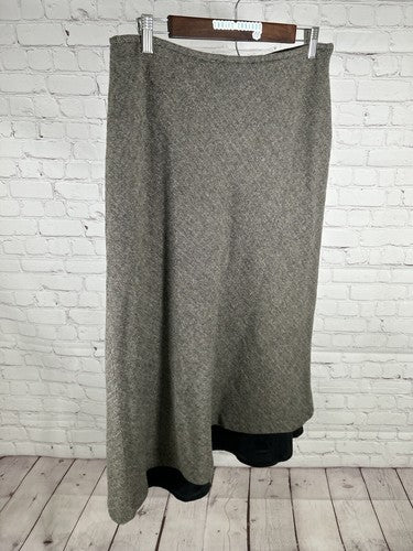 Lauren Ralph Lauren Black Brown Herringbone 100% Wool Layered Long Skirt 12