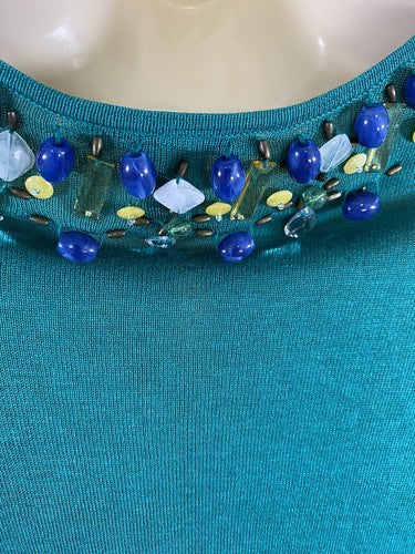 Harold’s Teal Beaded Silk Blend Knit Sweater Long Sleeve Front Closure V Neck S