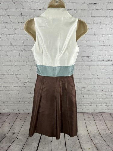 Willow Glenn White Blue Brown Lined Collared Sleeveless A Line Dress Women’s 4P