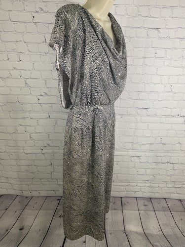 VTG Patra Black White Zebra Print Glittery Shoulder Pad Midi Length Dress 4