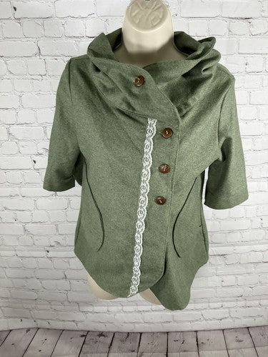 Little Houses Green Wool Button Up Lace Accent Knit Mock Neck Top Women’s M