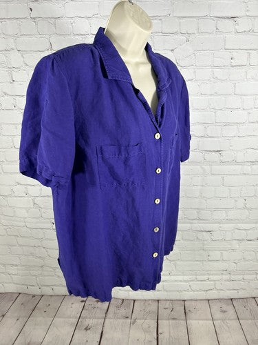 Maggie Barnes Linen/Rayon Solid Purple Short Sleeve Wooden Buttons Shirt 14/16