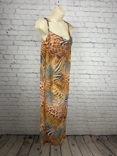 NWT White Fox Safari Chaos Animal Print Tie Straps Side Slit Midi Dress M