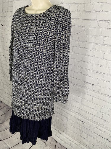 VTG Sharon Anthony Navy Blue White Long Sleeve Layered Shoulder Pad Dress Size 6
