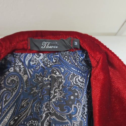 Thwei Red Velvet Faux Leather Trim 1 Button Notch Lapel Blazer Sport Coat M