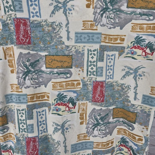 VTG Island Fever Cream Tropical Bahama Print Cotton Short Sleeve Polo Shirt L