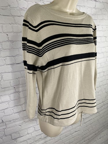 Laura Scott Black Beige 3/4 Sleeve Striped Waist Tie Knit Sweater M