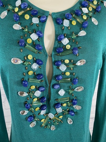 Harold’s Teal Beaded Silk Blend Knit Sweater Long Sleeve Front Closure V Neck S