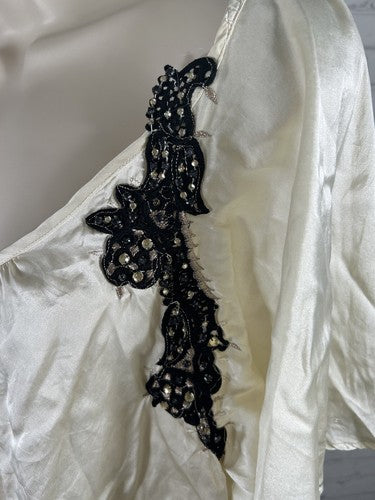 Chelsea Flower Ivory 100% Silk Rhinestones Embroidered Scoop Neck Blouse M